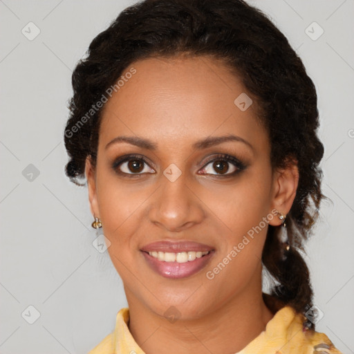 Joyful black young-adult female with medium  brown hair and brown eyes