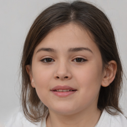 Joyful white child female with medium  brown hair and brown eyes