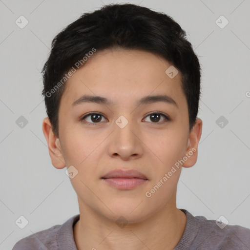 Neutral asian young-adult female with short  black hair and brown eyes