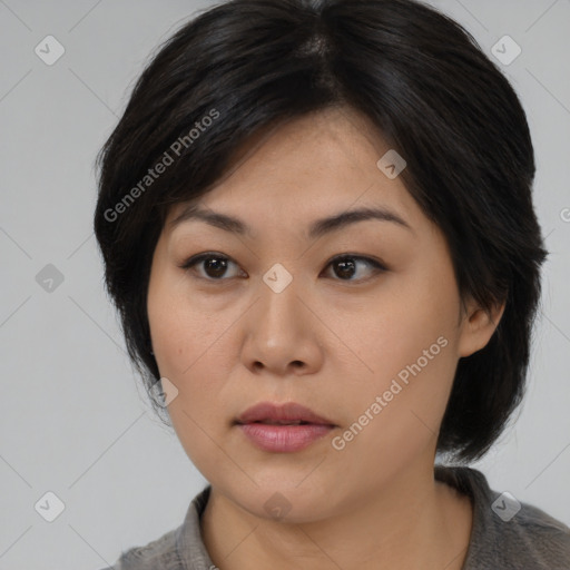 Neutral asian young-adult female with medium  brown hair and brown eyes