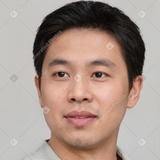 Neutral asian young-adult male with short  black hair and brown eyes