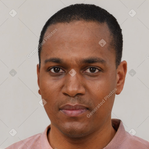 Neutral black young-adult male with short  black hair and brown eyes