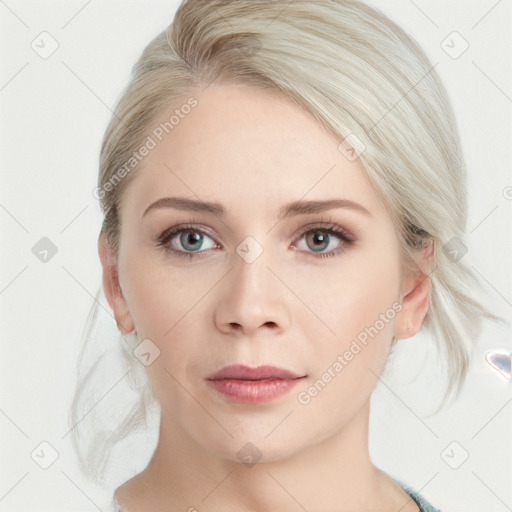 Joyful white young-adult female with medium  brown hair and blue eyes