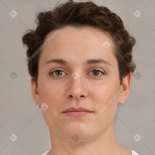 Neutral white young-adult female with short  brown hair and brown eyes