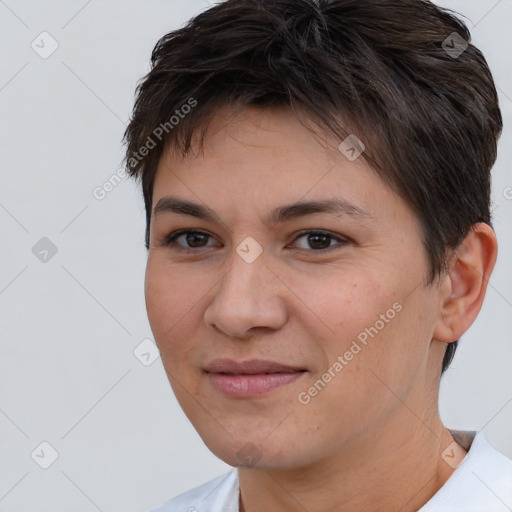 Joyful white young-adult female with short  brown hair and brown eyes