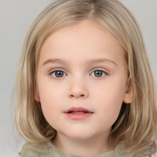 Neutral white child female with medium  brown hair and grey eyes