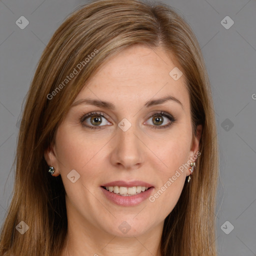 Joyful white young-adult female with long  brown hair and brown eyes