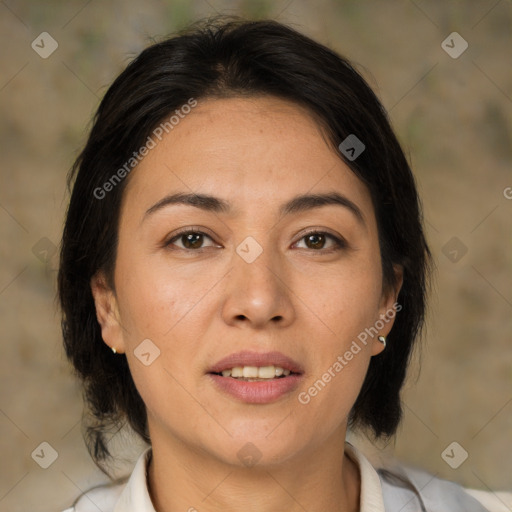 Joyful white adult female with medium  brown hair and brown eyes