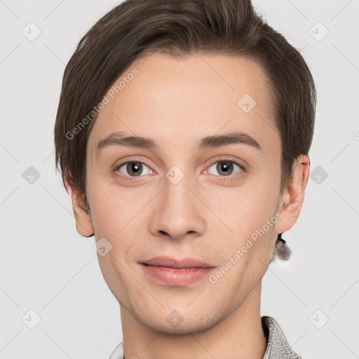 Neutral white young-adult male with short  brown hair and grey eyes