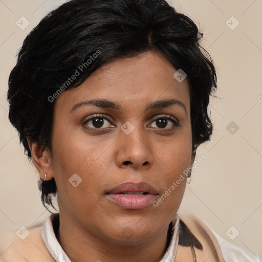 Neutral latino young-adult female with medium  brown hair and brown eyes
