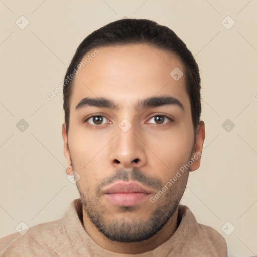 Neutral latino young-adult male with short  black hair and brown eyes