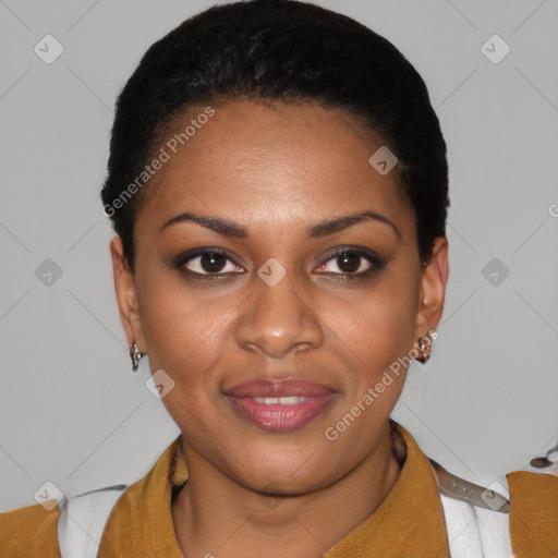 Joyful latino young-adult female with short  black hair and brown eyes