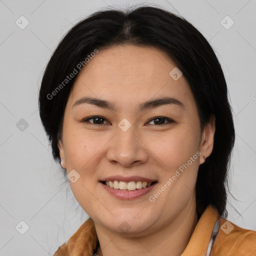 Joyful white young-adult female with medium  brown hair and brown eyes