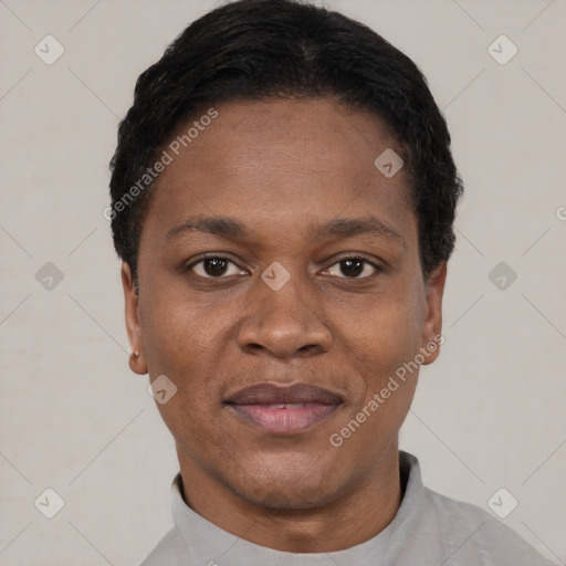 Joyful black young-adult female with short  black hair and brown eyes