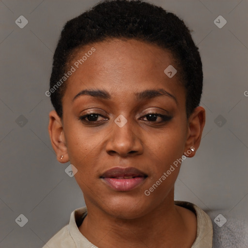 Joyful black young-adult female with short  brown hair and brown eyes