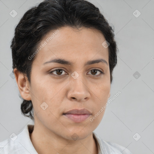 Neutral white young-adult female with short  brown hair and brown eyes