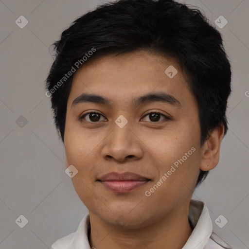 Joyful asian young-adult male with short  brown hair and brown eyes