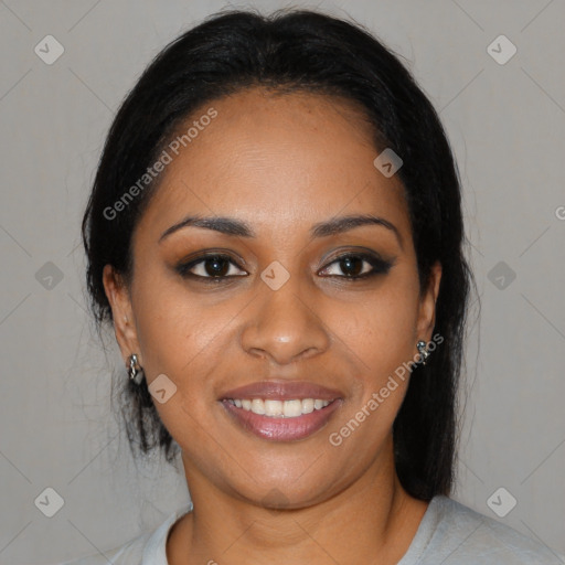 Joyful black young-adult female with medium  black hair and brown eyes