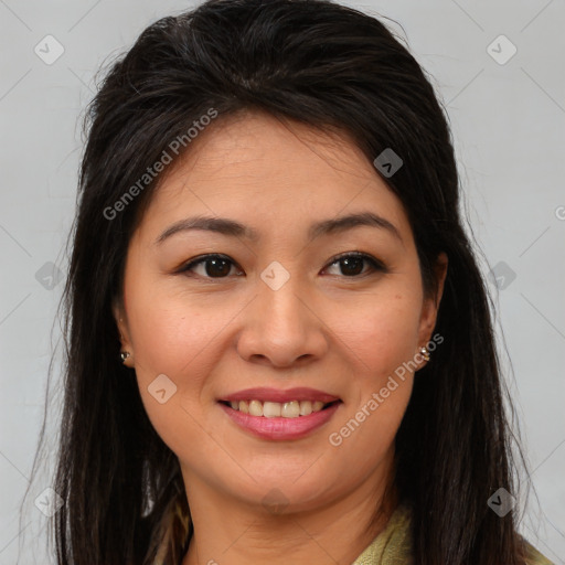 Joyful asian young-adult female with long  brown hair and brown eyes