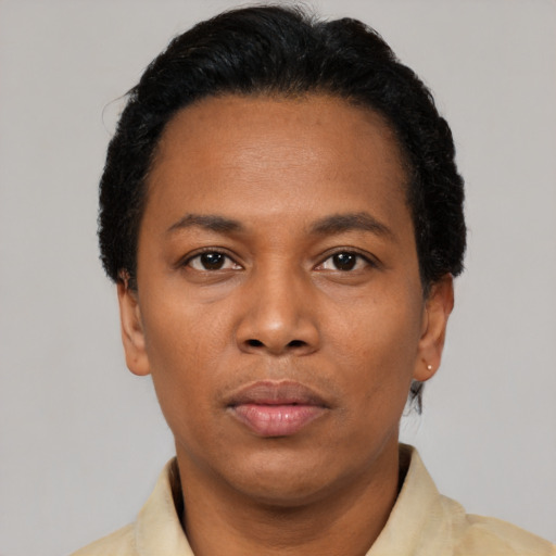 Neutral black adult female with short  black hair and brown eyes