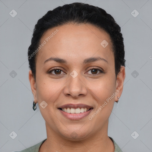 Joyful latino young-adult female with short  brown hair and brown eyes