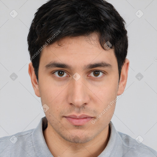 Neutral white young-adult male with short  brown hair and brown eyes