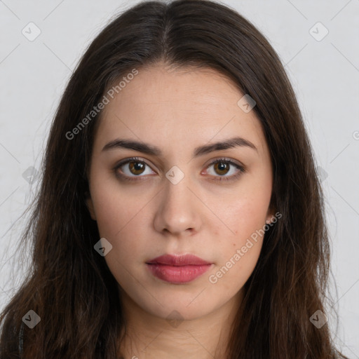 Neutral white young-adult female with long  brown hair and brown eyes