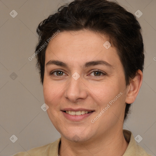 Joyful white adult female with short  brown hair and brown eyes