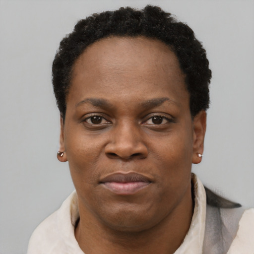 Neutral black young-adult female with short  brown hair and brown eyes