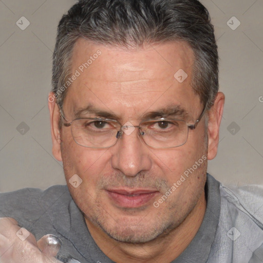 Joyful white middle-aged male with short  brown hair and brown eyes