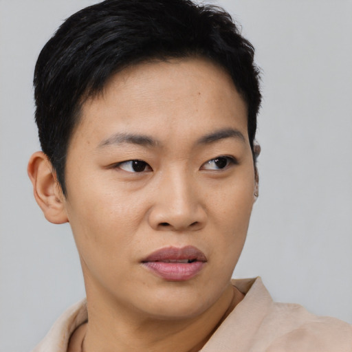 Neutral asian young-adult female with short  brown hair and brown eyes