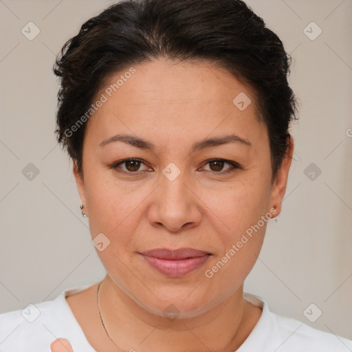 Joyful white adult female with short  brown hair and brown eyes