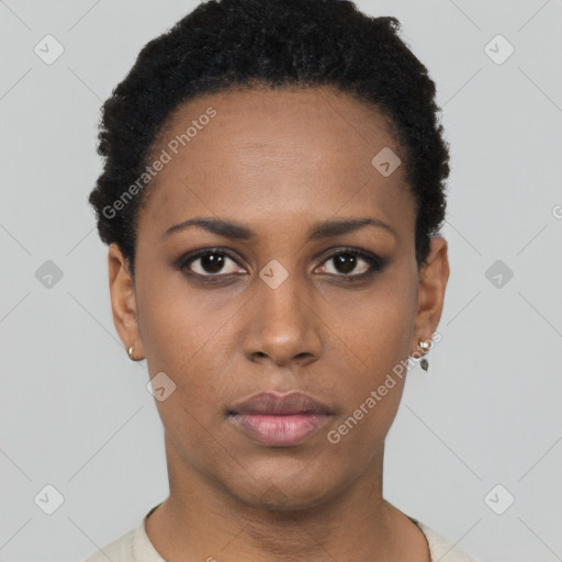 Neutral black young-adult female with short  black hair and brown eyes