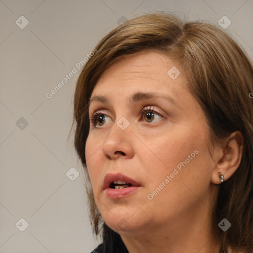 Neutral white adult female with medium  brown hair and brown eyes