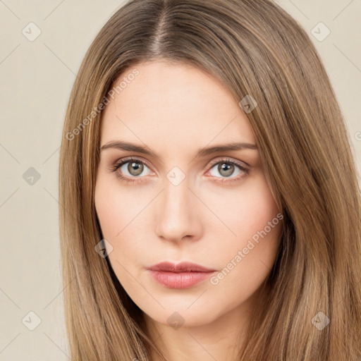 Neutral white young-adult female with long  brown hair and brown eyes