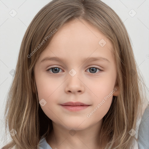 Neutral white child female with medium  brown hair and grey eyes