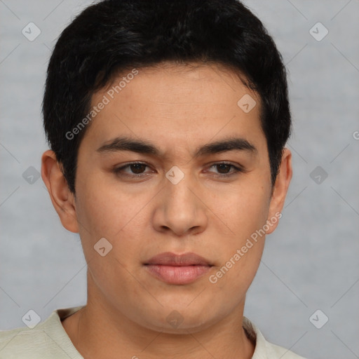 Neutral latino young-adult male with short  brown hair and brown eyes