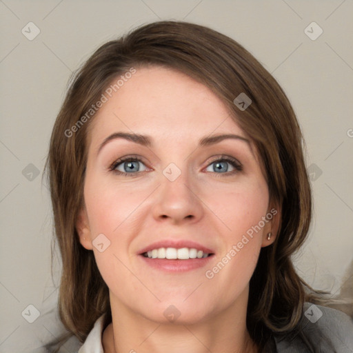 Joyful white young-adult female with medium  brown hair and blue eyes