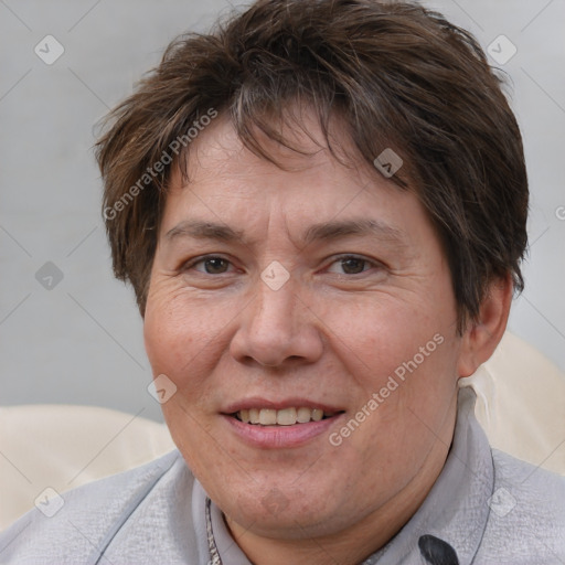 Joyful white adult female with short  brown hair and brown eyes