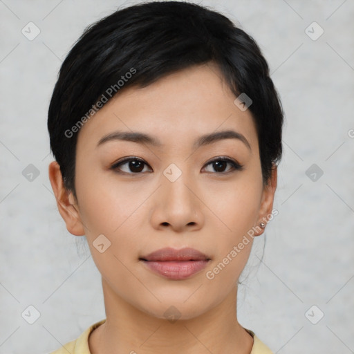 Neutral asian young-adult female with short  black hair and brown eyes