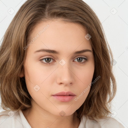 Neutral white young-adult female with medium  brown hair and brown eyes