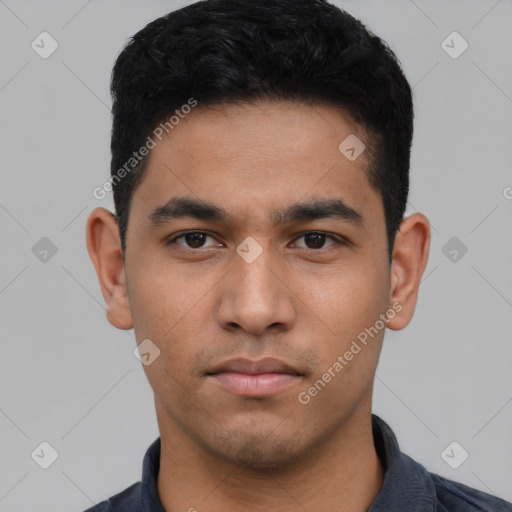 Neutral asian young-adult male with short  black hair and brown eyes