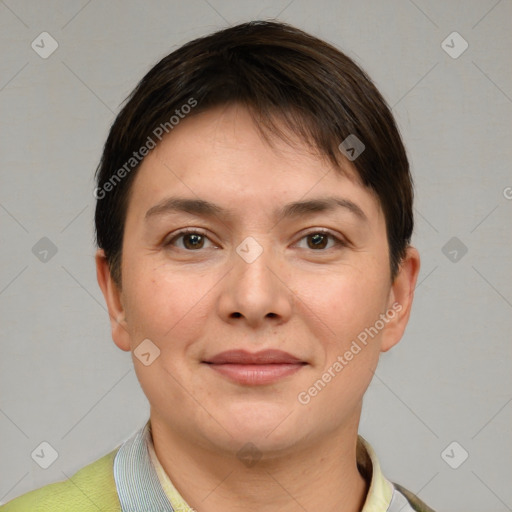 Joyful white young-adult female with short  brown hair and grey eyes