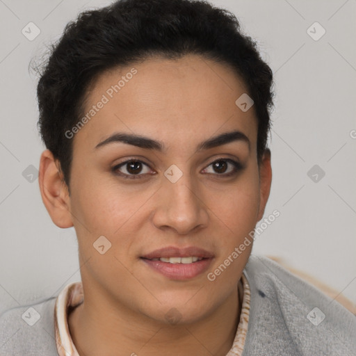 Joyful latino young-adult female with short  brown hair and brown eyes