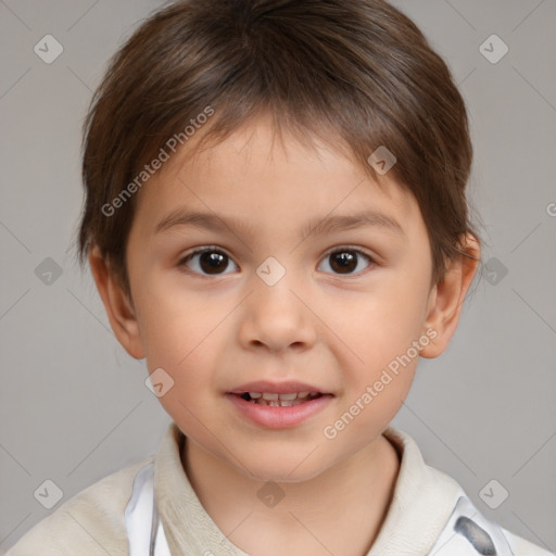 Joyful white child male with short  brown hair and brown eyes