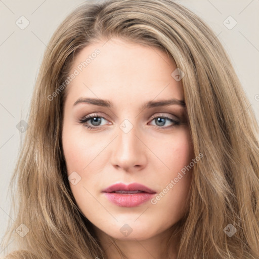 Neutral white young-adult female with long  brown hair and brown eyes