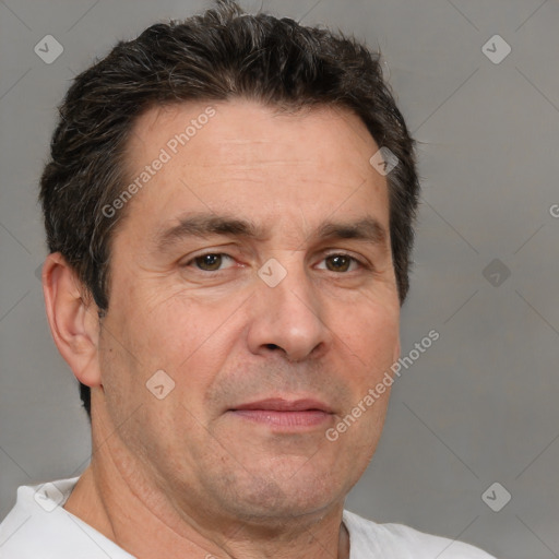 Neutral white adult male with short  brown hair and brown eyes