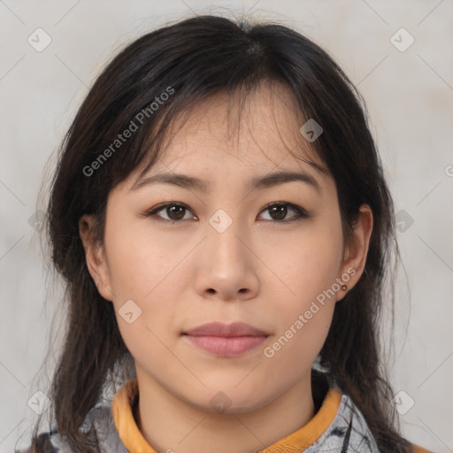 Neutral asian young-adult female with medium  brown hair and brown eyes