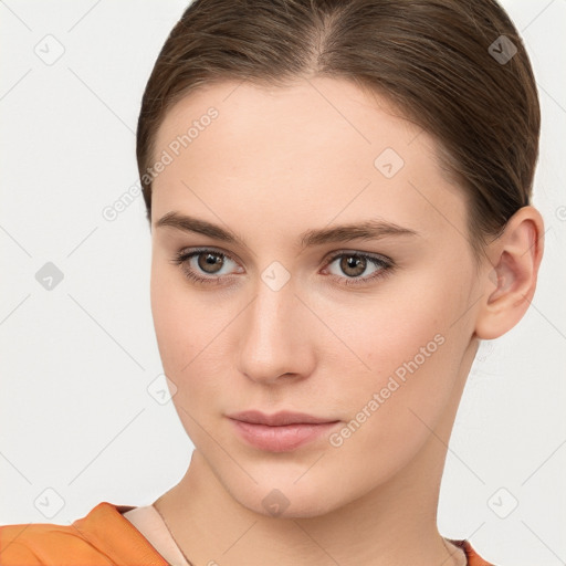 Neutral white young-adult female with medium  brown hair and brown eyes