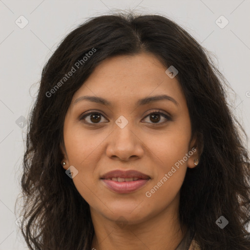 Joyful latino young-adult female with long  brown hair and brown eyes